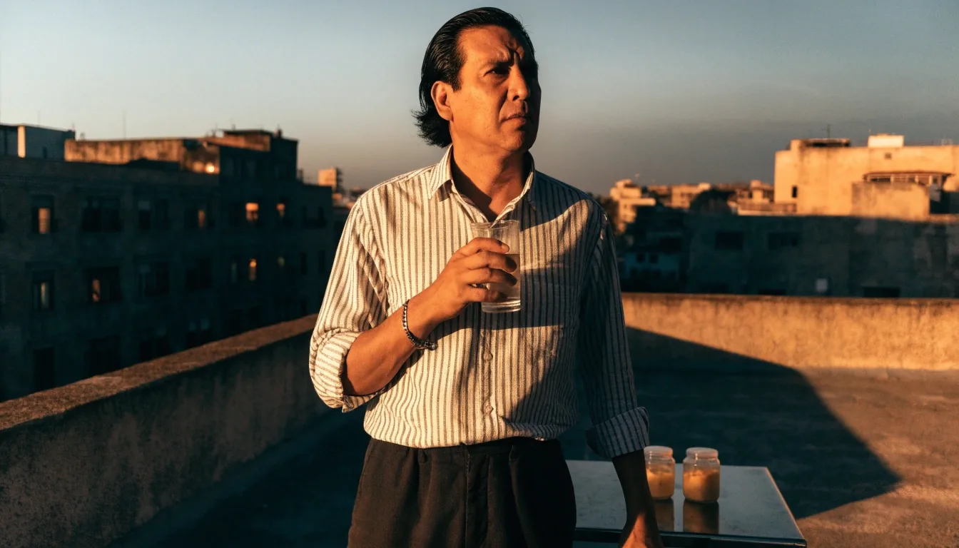 Azotea tranquila al atardecer en Puebla con un vaso de agua y frascos de suplementos sobre una mesa