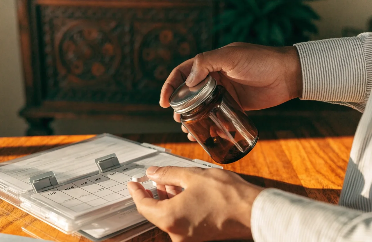 Hombre anotando en un cuaderno su rutina diaria antes de elegir su fórmula de vitaminas