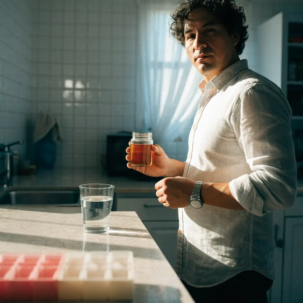 Hombre preparando su fórmula diaria de vitaminas junto a un vaso de agua en la cocina por la mañana