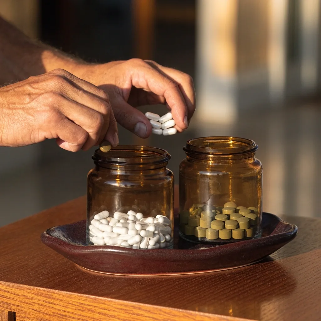 Manos revisando frascos de suplementos y cápsulas para identificar los ingredientes de una fórmula diaria