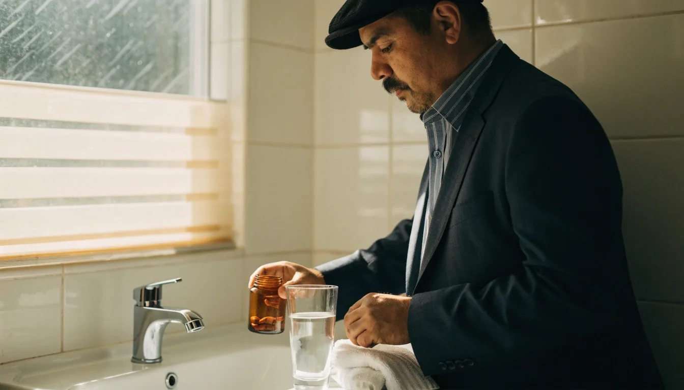 Cuaderno abierto, vaso de agua y un frasco pequeño sobre un escritorio de madera a la luz de una lámpara