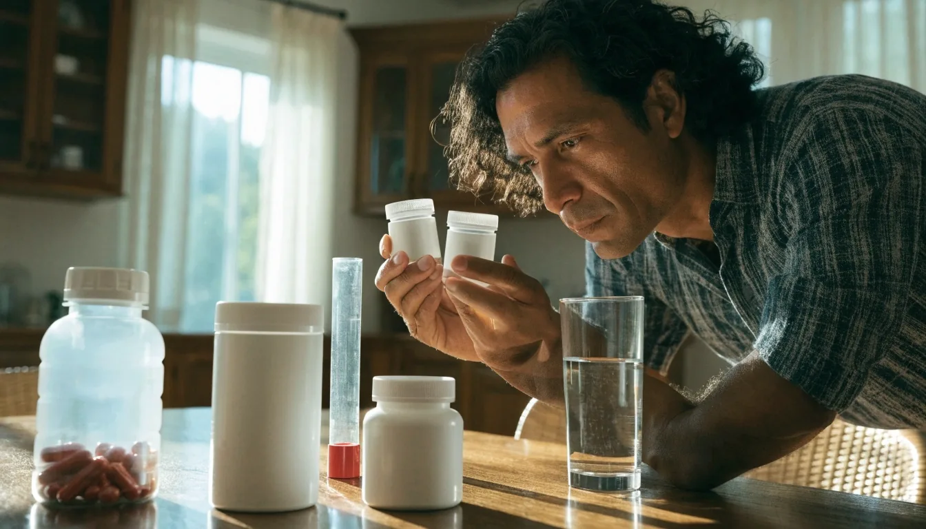 Cuatro envases de multivitamínicos de distinto formato sobre una mesa de madera junto a un vaso de agua