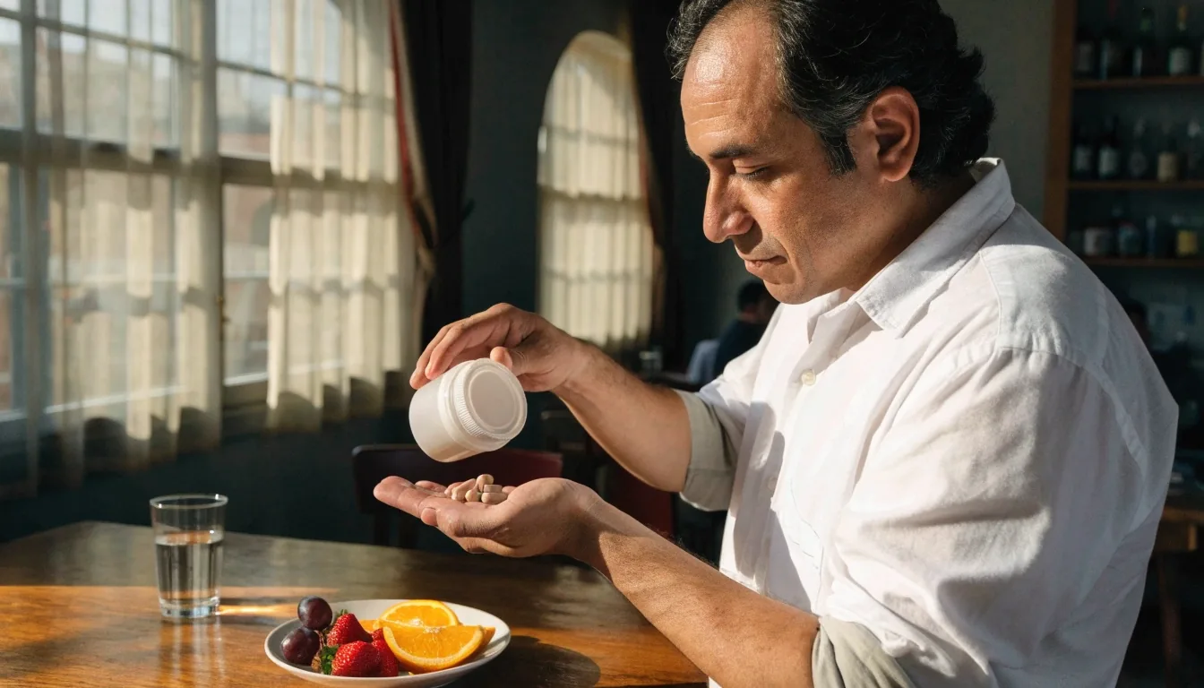 Mano sosteniendo un frasco de cápsulas a la luz de la tarde en una cocina