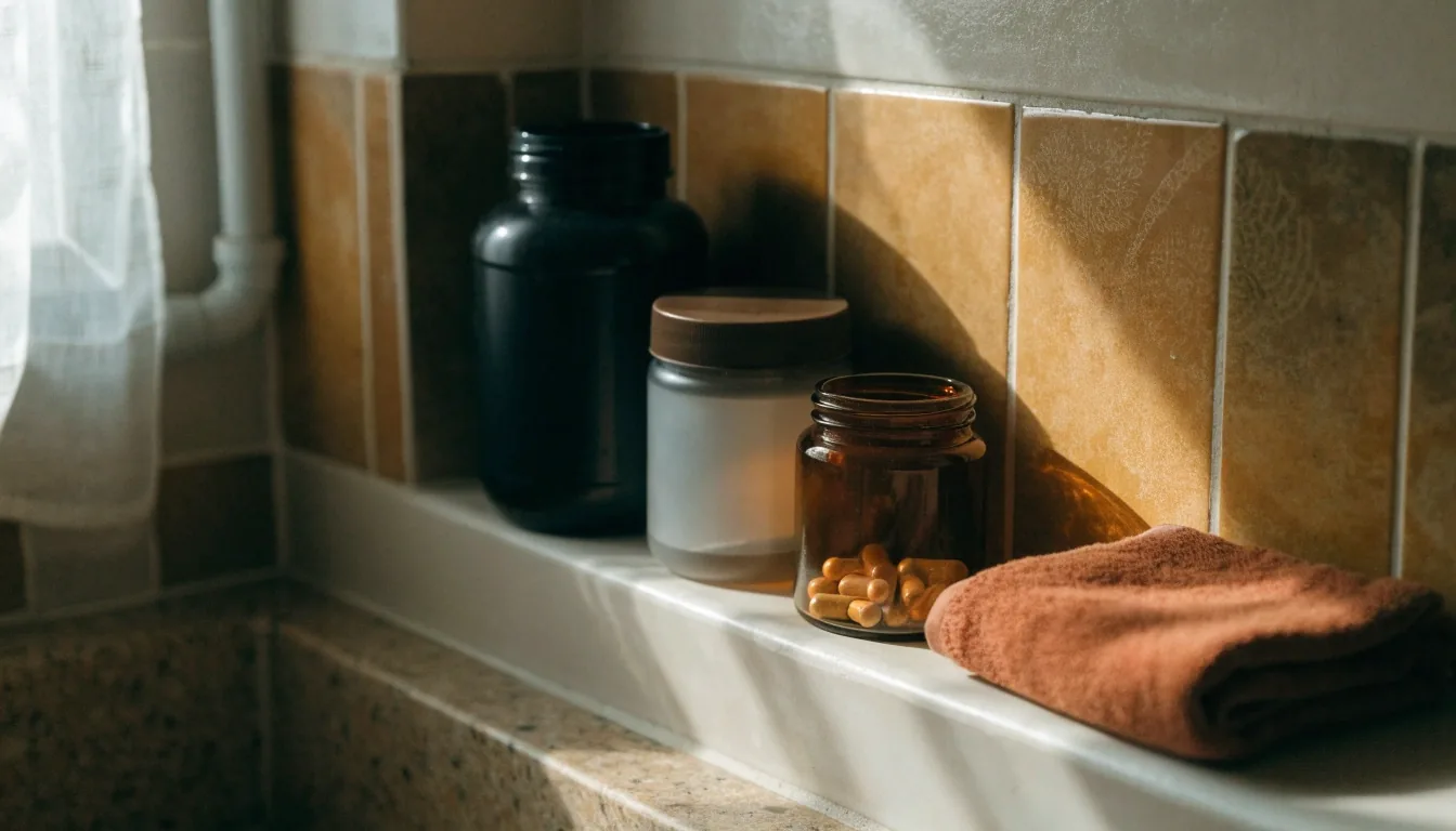 Repisa de baño con envases de distinto tamaño ordenados y una toalla doblada