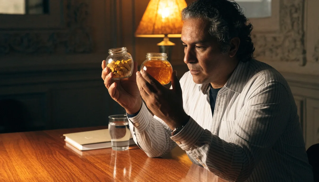 Manos sosteniendo un frasco de suplemento a la luz de la ventana para leer su etiqueta