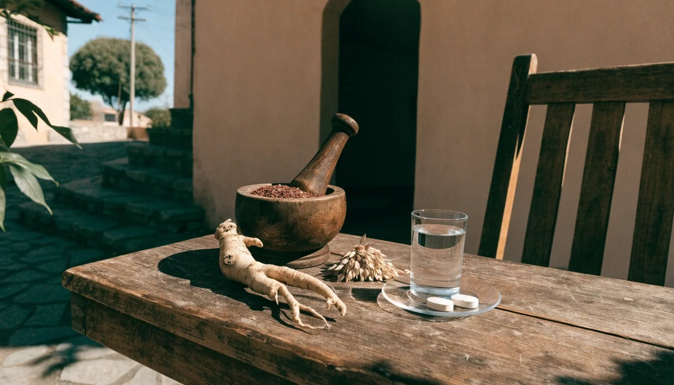 Extractos vegetales como guaraná y ginseng sobre una mesa de baño por la mañana
