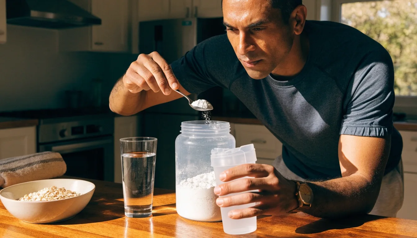 Hombre preparando su fórmula de energía en la cocina por la mañana