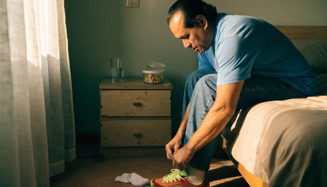 Hombre alistándose para entrenar por la mañana con su fórmula diaria en el buró