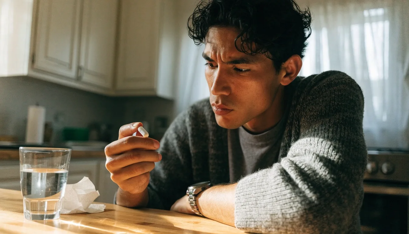Hombre joven con suéter gris sosteniendo una cápsula junto a un vaso de agua en una cocina luminosa