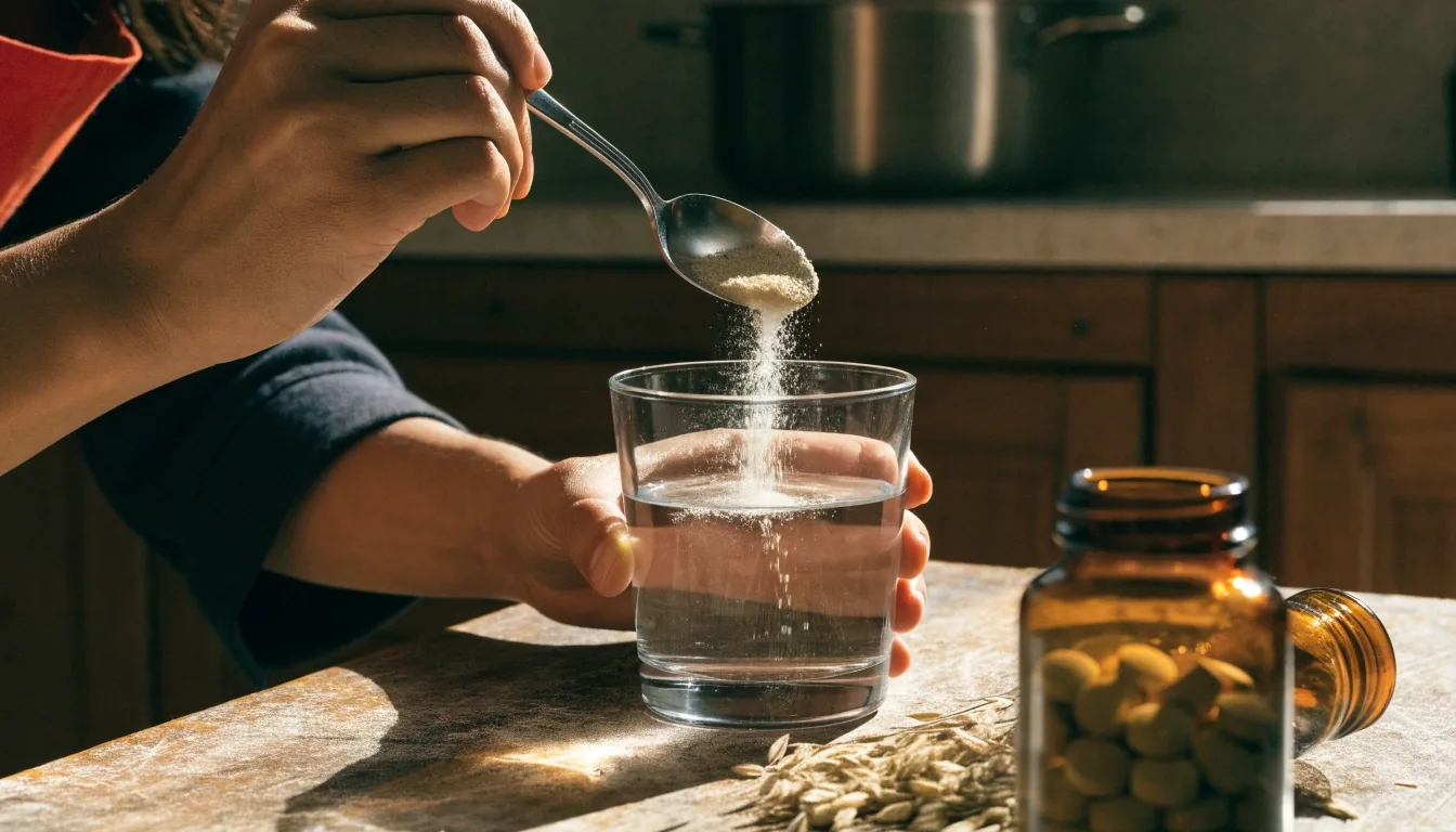 Suplemento en frasco ámbar junto a mineral en polvo y extractos vegetales secos sobre una superficie oscura