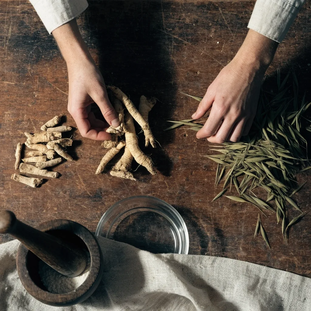 Tallos de avena verde y raíz de ginseng con polvo de extracto sobre una superficie oscura mate