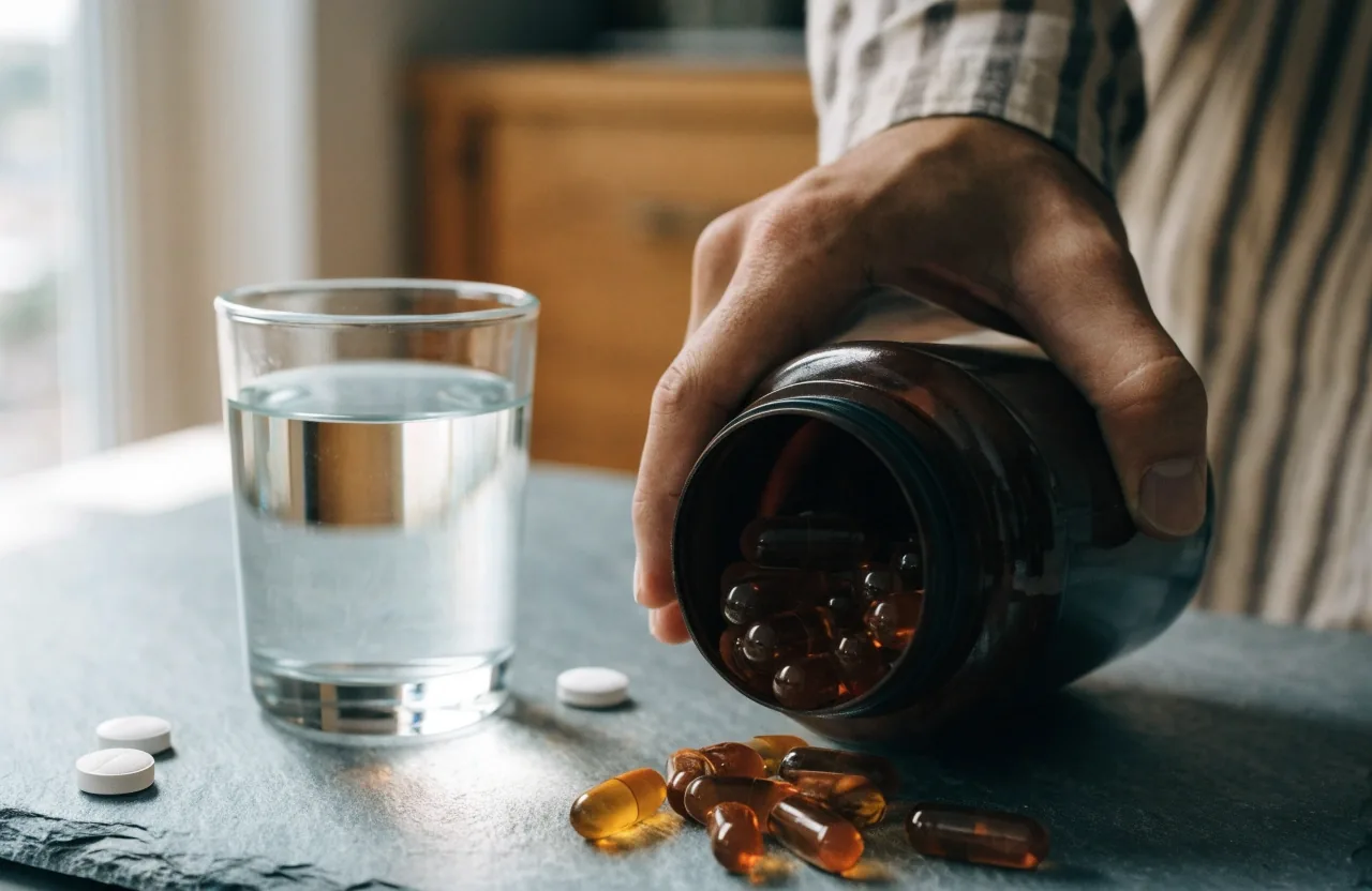 Frasco de una fórmula híbrida de vitaminas, aminoácidos y minerales junto a cápsulas sueltas