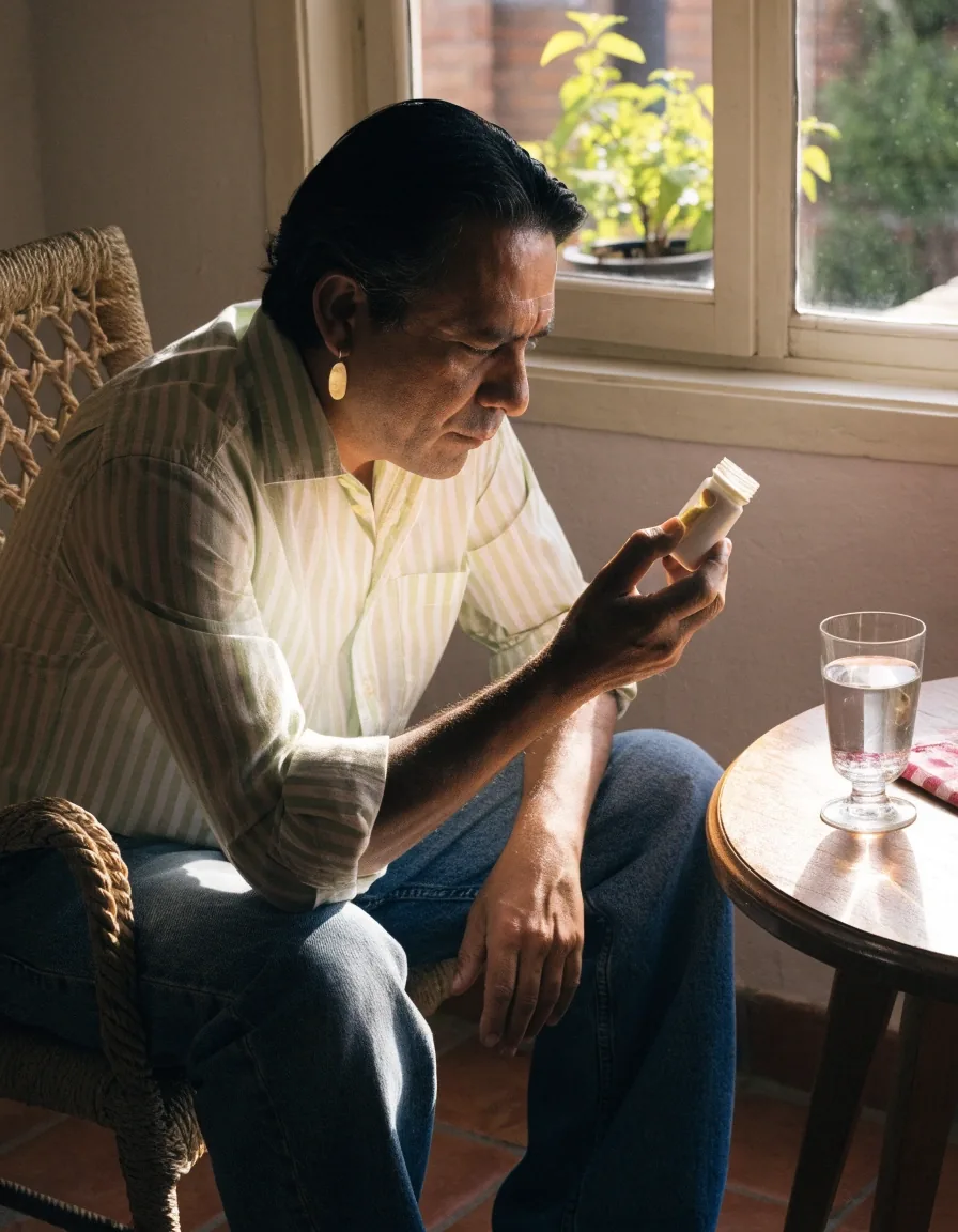 Hombre revisando el envase de un suplemento natural en la cocina de su casa por la mañana