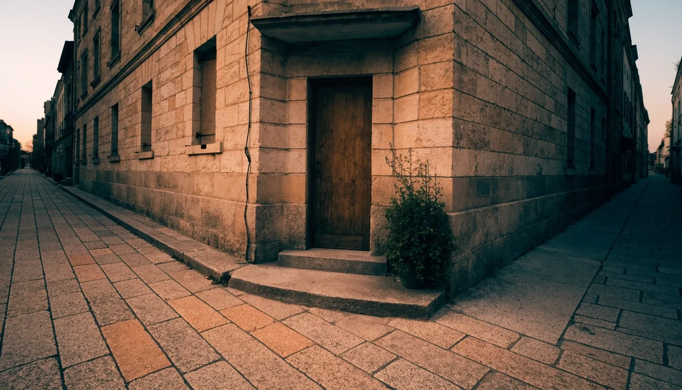 Entrada tranquila de una pequeña oficina editorial en Puebla a la luz del atardecer