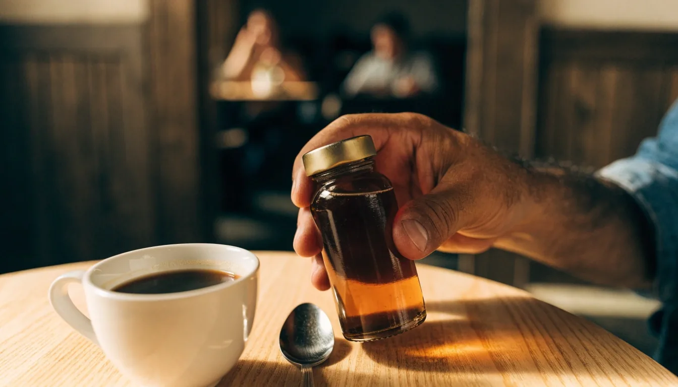 Hombre comparando envases de suplementos sobre la barra de una cocina con luz de mañana