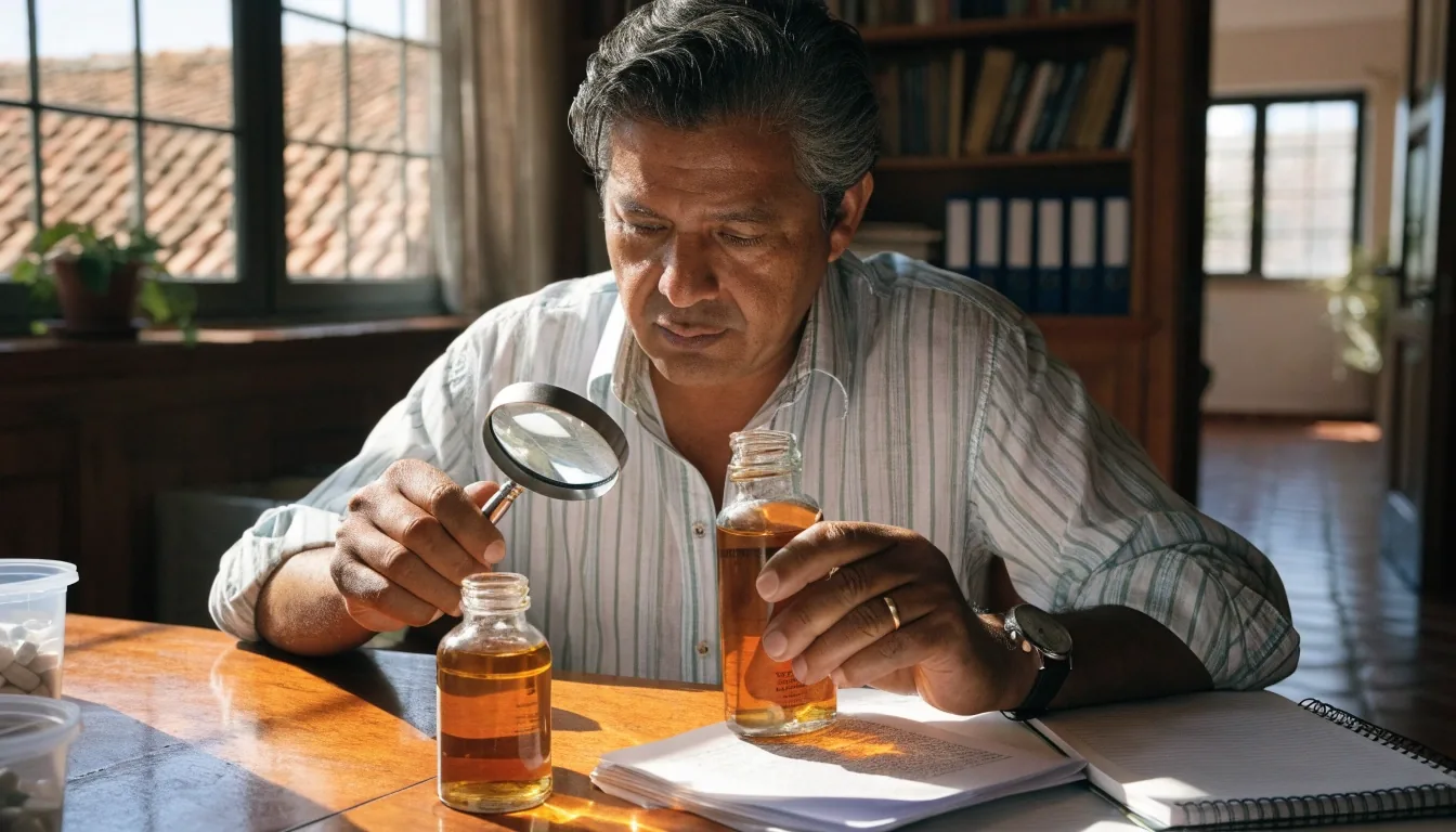 Escritorio editorial en Puebla con envases de suplementos sin etiqueta, una libreta de comparación y una lupa bajo la luz de la tarde