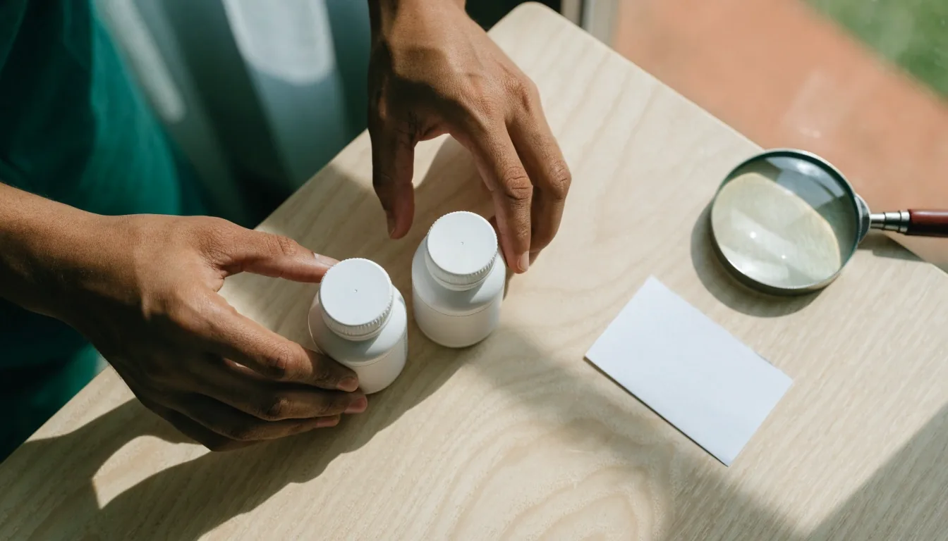 Manos comparando dos envases blancos sin etiqueta junto a una lupa y una tarjeta de verificación en una mesa de madera