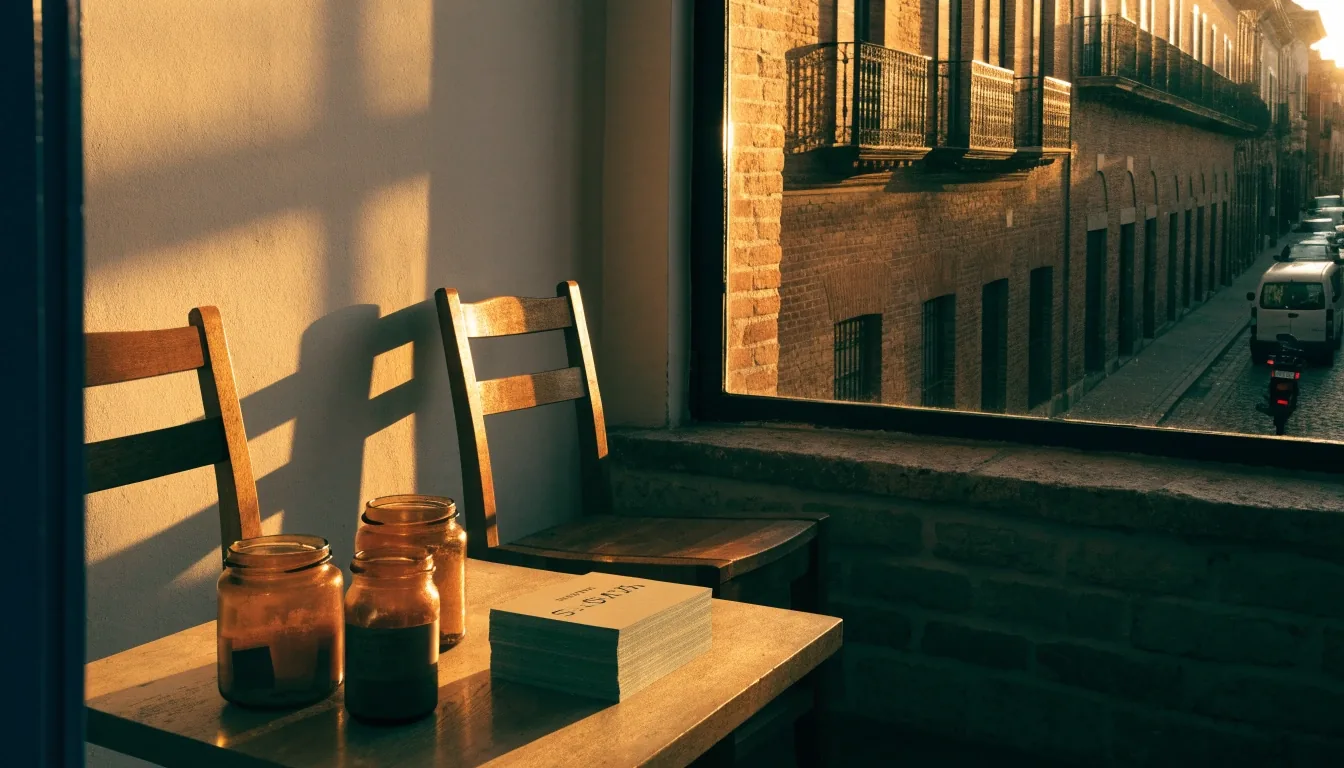 Oficina editorial vacía al atardecer en Puebla con dos sillas de madera, frascos ámbar sin etiqueta y tarjetas en blanco junto a la ventana