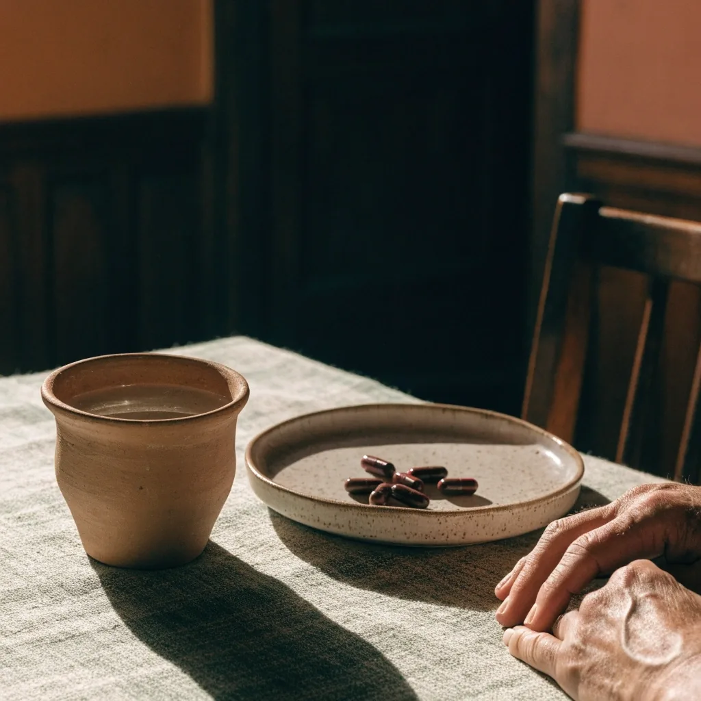 Mesa de trabajo en casa con un cuaderno cerrado, un vaso de agua y un platillo con cápsulas